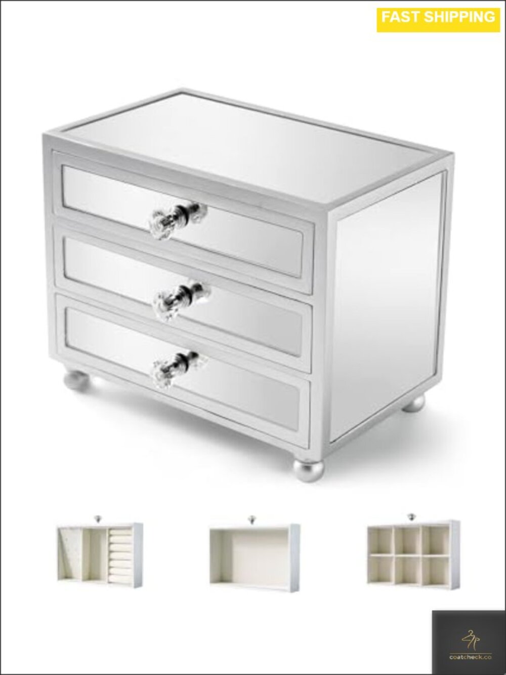 Mirrored Glass Jewelry Box 3 Layer Large Capacity Velvet Interior Crystal Handle
